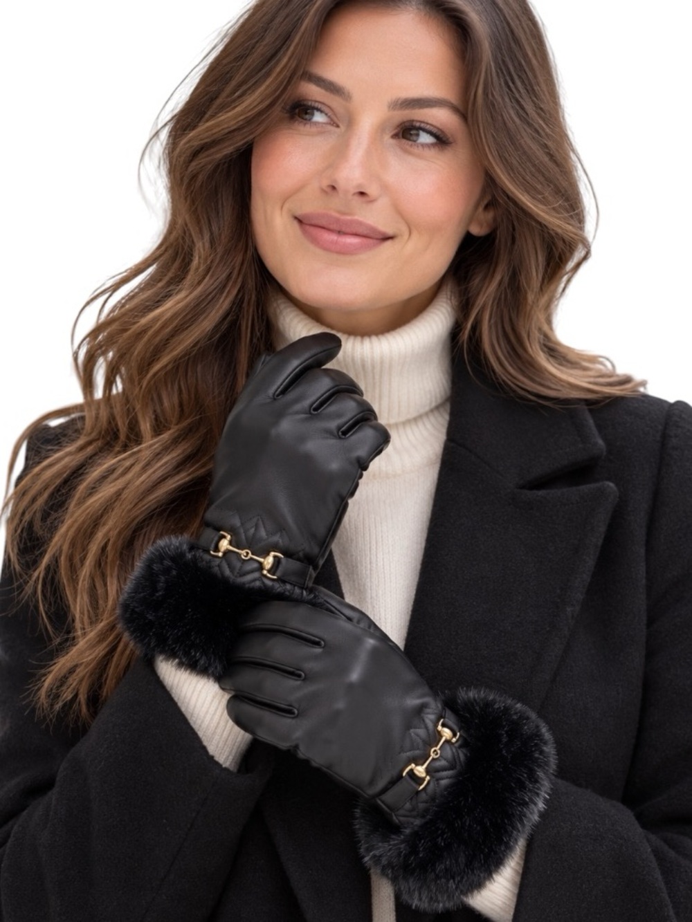 Vince Camuto Black Faux Leather Faux Fur Cuff Gloves L/G NWT